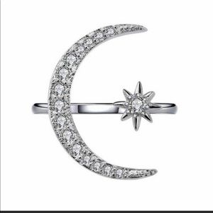 925 Sterling Silver Diamond Moon Star Adjustable Ring